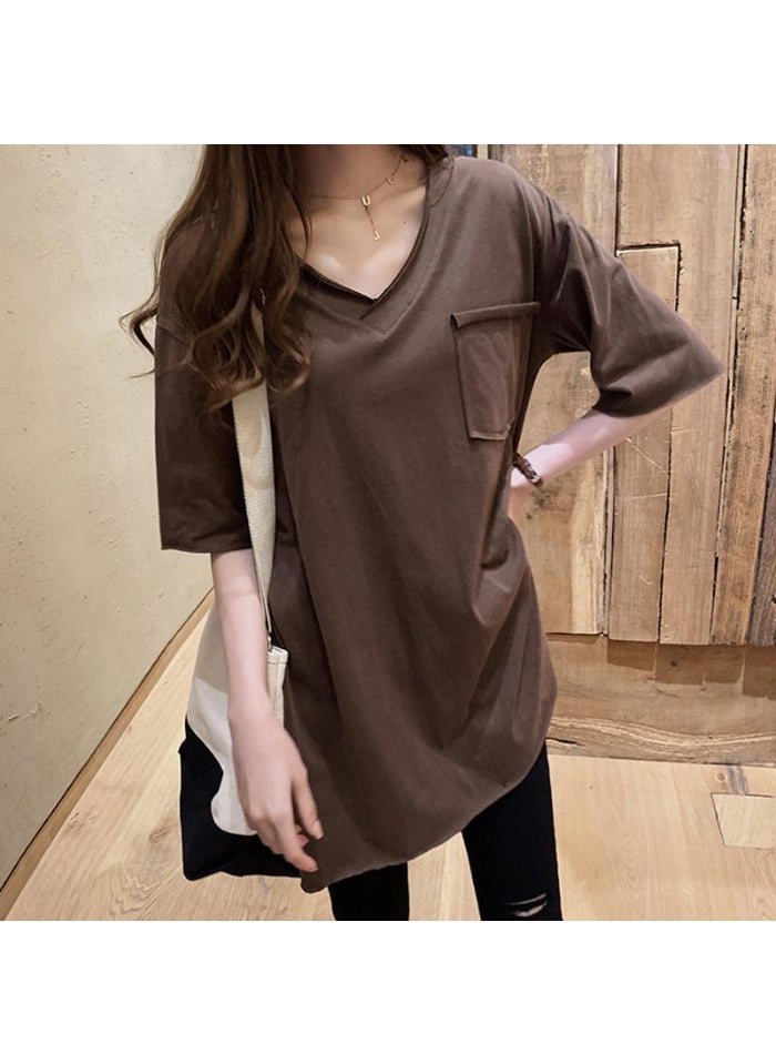 Cotton Split Hem Tee V-Neck Korean Style Brown