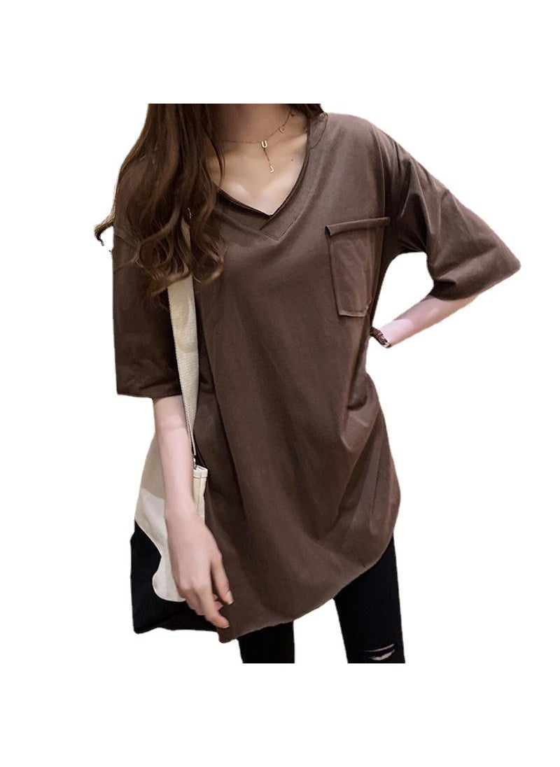 Cotton Split Hem Tee V-Neck Korean Style Green