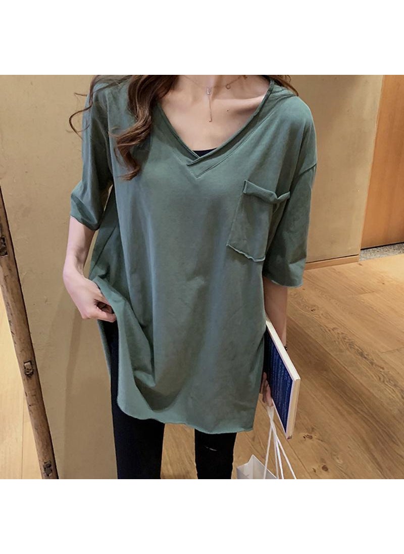 Cotton Split Hem Tee V-Neck Korean Style Green