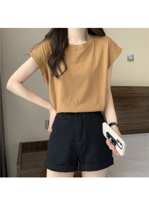 2024 Summer Chic Puff Sleeve Tee Loose Womens Top Khaki