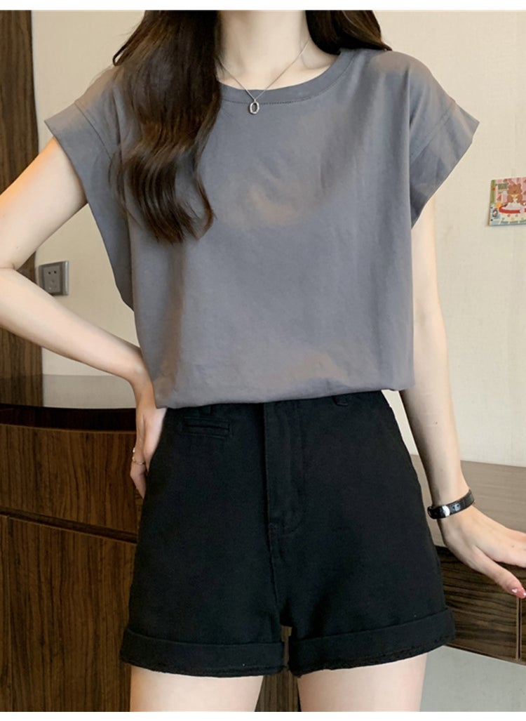 2024 Summer Chic Puff Sleeve Tee Loose Womens Top Gray