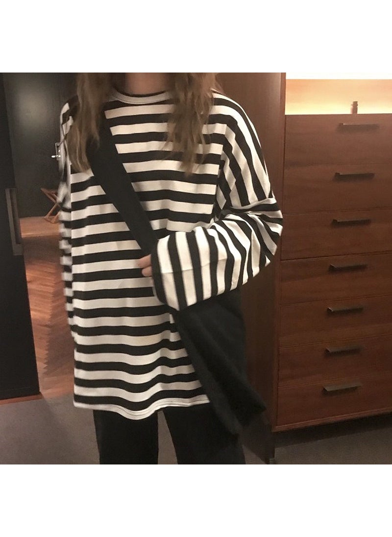 2023 Autumn Harajuku Black White Stripe Loose Tee Black stripes