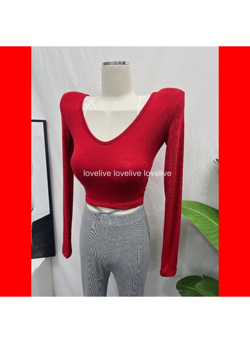 Round Neck Slim Fit Long Sleeve Tee Red