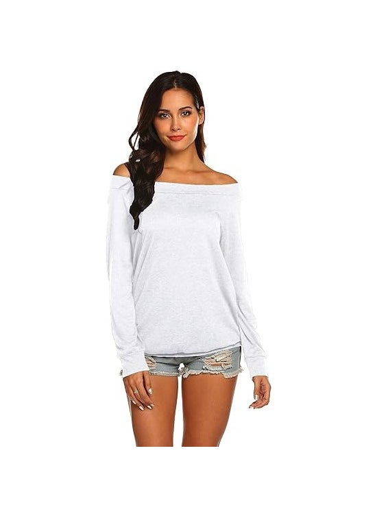 2022 Off-Shoulder Long Sleeve Casual Tee White