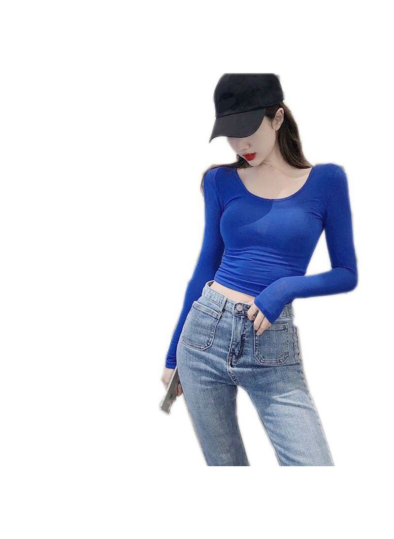 Round Neck Slim Fit Long Sleeve Tee Blue