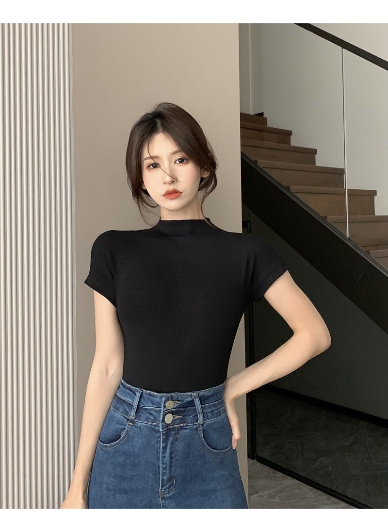 2024 Slim-fit Turtleneck Tee for Women Black