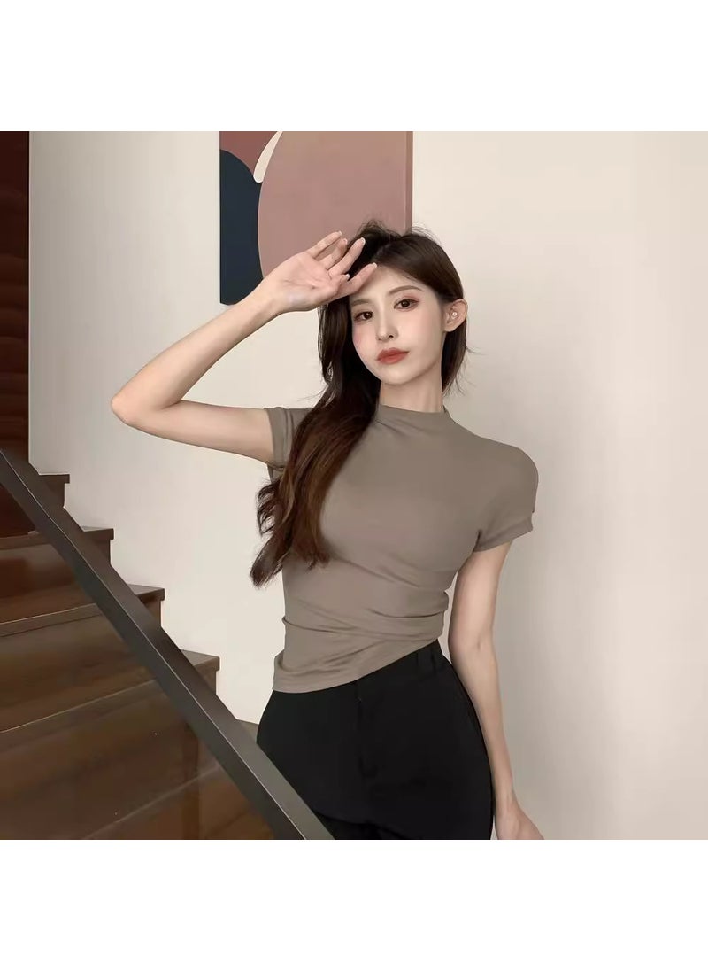 2024 Slim-fit Turtleneck Tee for Women Khaki