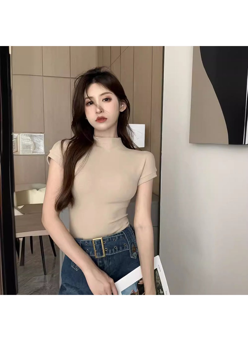 2024 Slim-fit Turtleneck Tee for Women Khaki