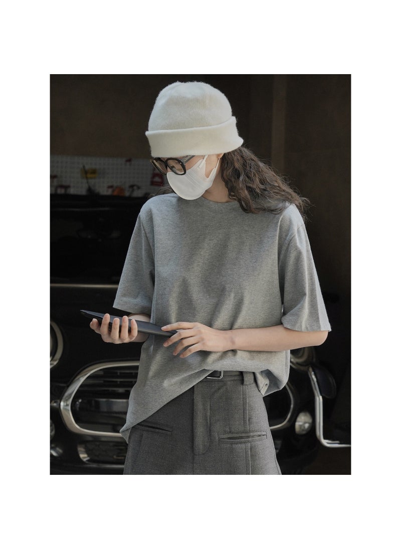 Casual Cotton Tee Korean Style Loose Fit for Women Grey