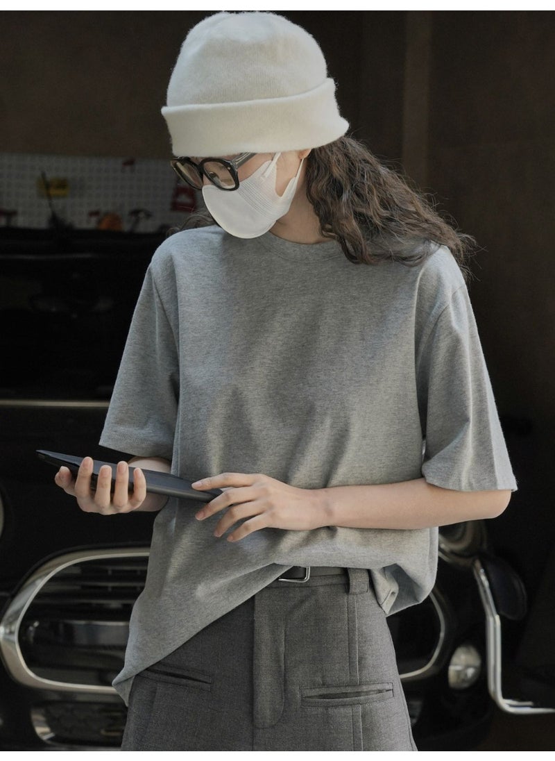 Casual Cotton Tee Korean Style Loose Fit for Women Grey