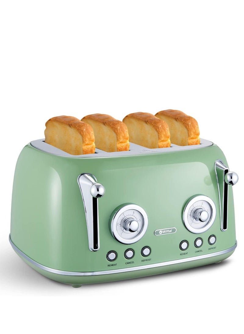 Wiltal 4-Slice Long Slot Toaster - Stainless Steel Body, Retro Design, Adjustable Browning, Crumb Tray