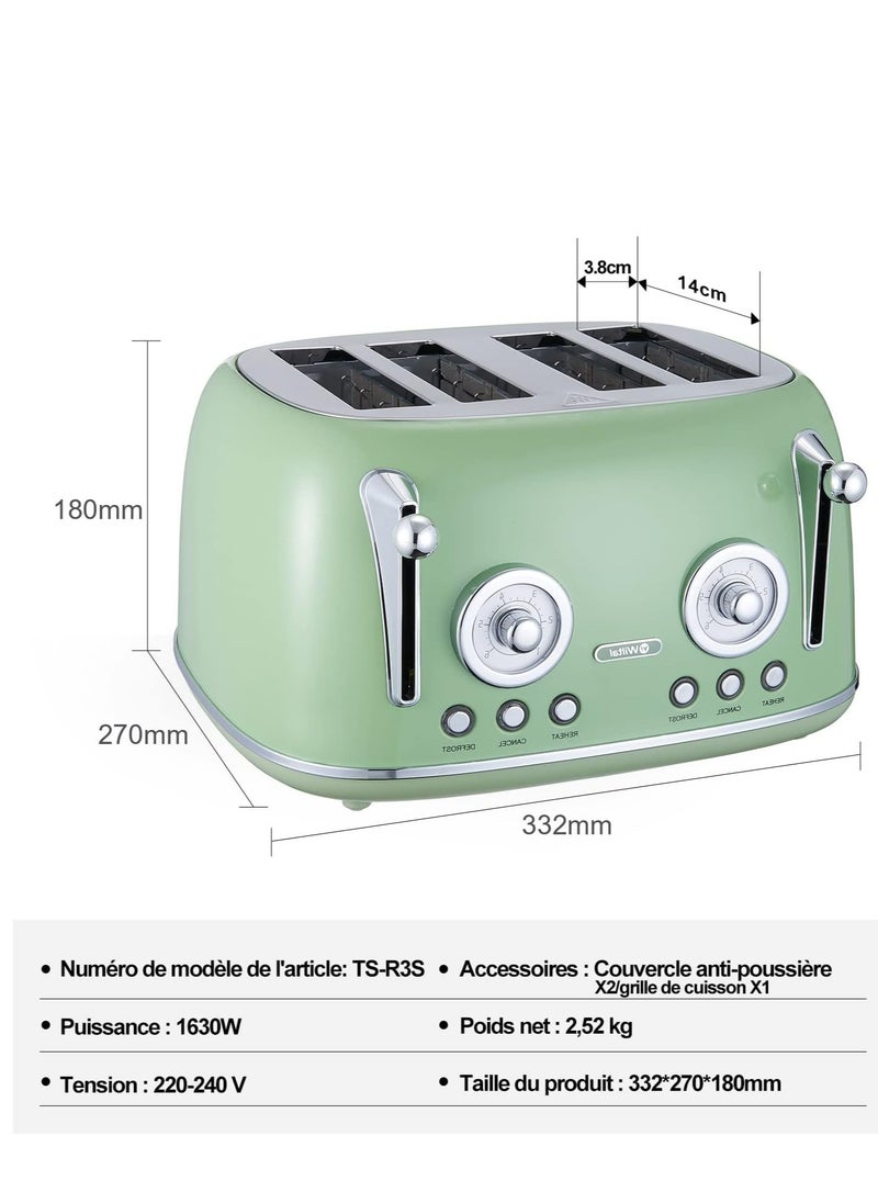 Wiltal 4-Slice Long Slot Toaster - Stainless Steel Body, Retro Design, Adjustable Browning, Crumb Tray