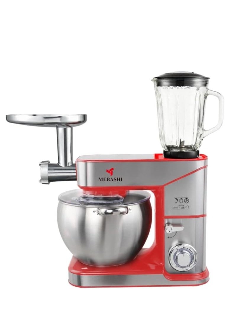 MEBASHI 3-in-1 Stand Bowl Mixer, 10 L Capacity, Meat Grinder, Blender, Full Copper Motor 2000 W, (ME-SBM1110) (Red)