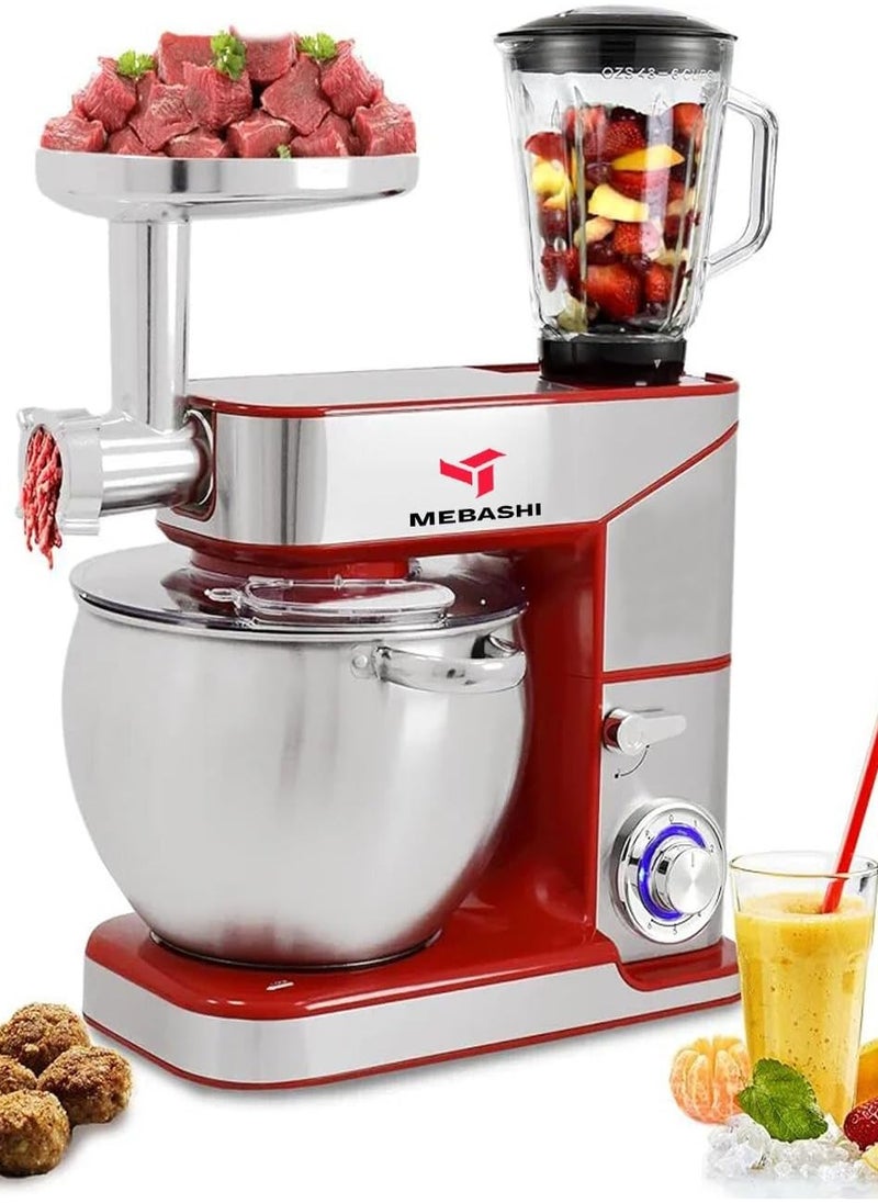 MEBASHI 3-in-1 Stand Bowl Mixer, 10 L Capacity, Meat Grinder, Blender, Full Copper Motor 2000 W, (ME-SBM1110) (Red)