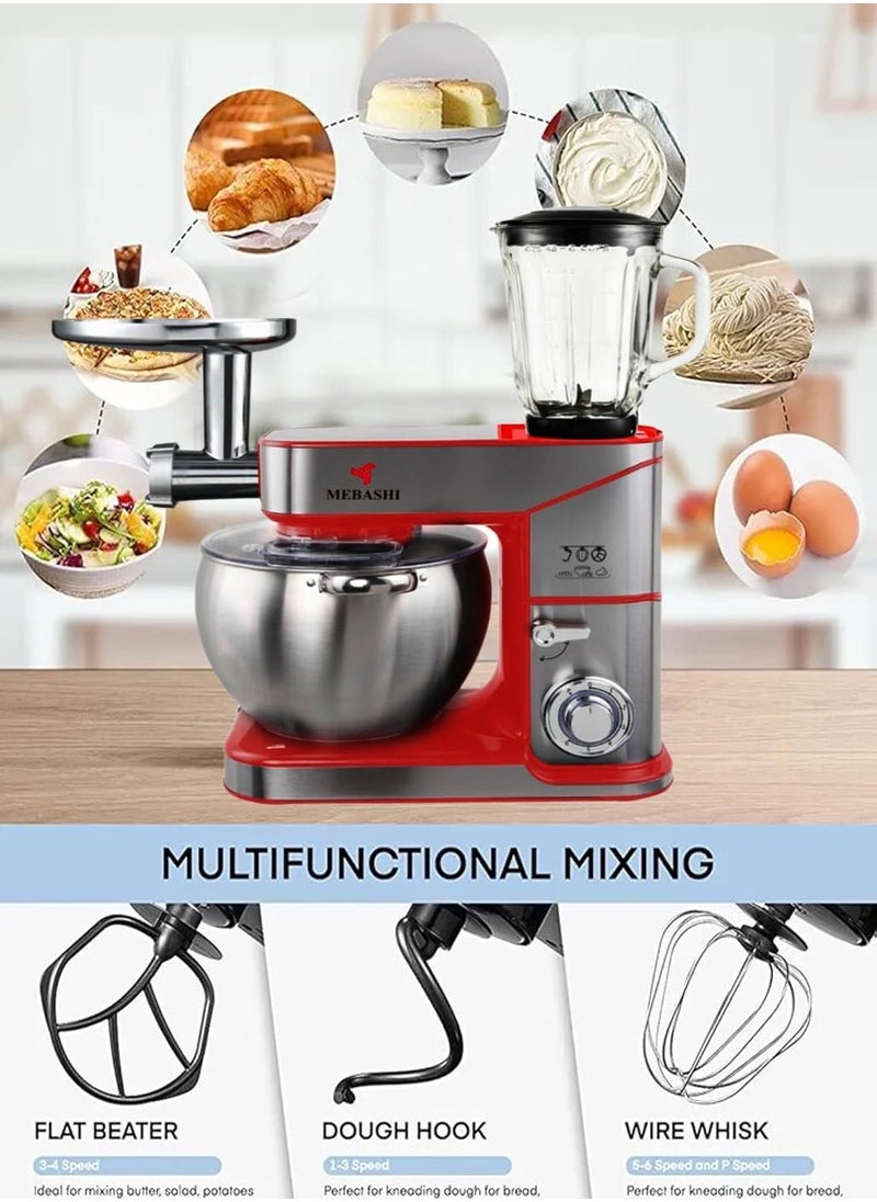 MEBASHI 3-in-1 Stand Bowl Mixer, 10 L Capacity, Meat Grinder, Blender, Full Copper Motor 2000 W, (ME-SBM1110) (Red)