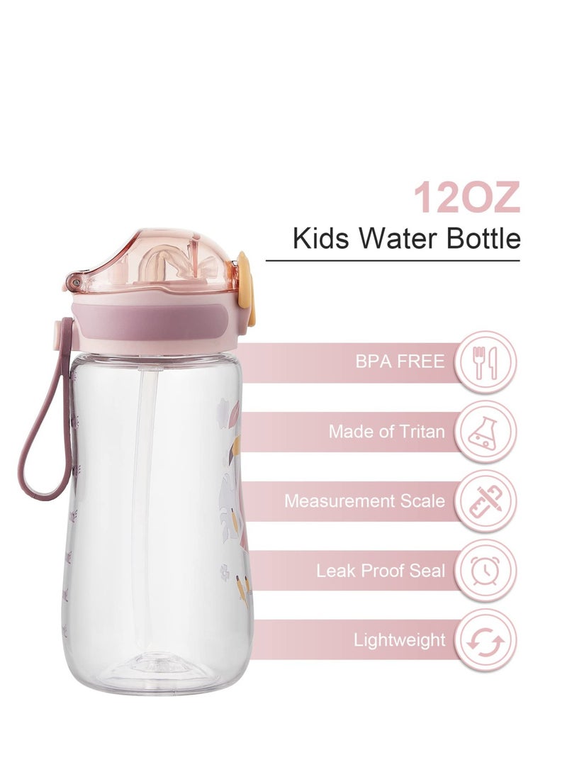 Kids Water Bottle with Straw 350ml, Leak Proof BPA Free 12oz Toddler Drinking Bottle for Boys and Girls to Schools, Travel and Hiking Pink