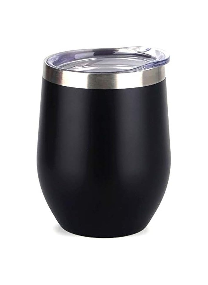 Insulated Wine Tumbler with Lid, Stemless Stainless Steel Insulated Wine Glass 12oz, Black Matt Finish-Double Wall Durable Coffee Mug, for Champaign