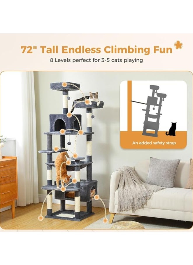 Large Cat Tree, Cat Tower for Large Cats, Cat Condo with Sisal-covered Scratching Posts and Pads, 2 Padded Perch, Dual Condo and Basket for Indoor Cats (Large 184 cm)
