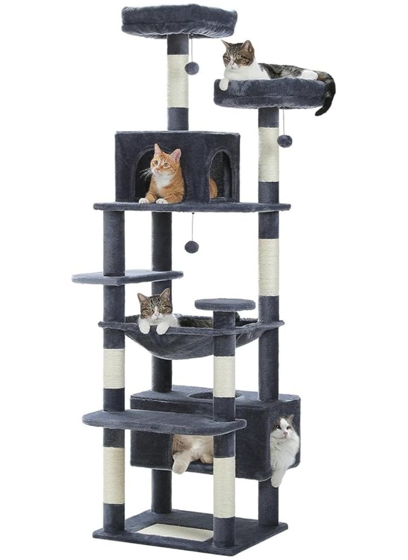 Large Cat Tree, Cat Tower for Large Cats, Cat Condo with Sisal-covered Scratching Posts and Pads, 2 Padded Perch, Dual Condo and Basket for Indoor Cats (Large 184 cm)