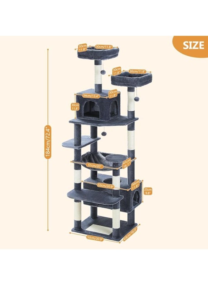 Large Cat Tree, Cat Tower for Large Cats, Cat Condo with Sisal-covered Scratching Posts and Pads, 2 Padded Perch, Dual Condo and Basket for Indoor Cats (Large 184 cm)