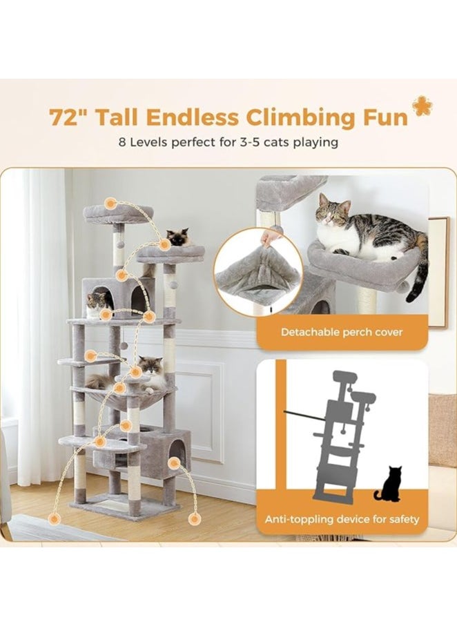Large Cat Tree, Cat Tower for Large Cats, Cat Condo with Sisal-covered Scratching Posts and Pads, 2 Padded Perch, Dual Condo and Basket for Indoor Cats (Large 184 cm)