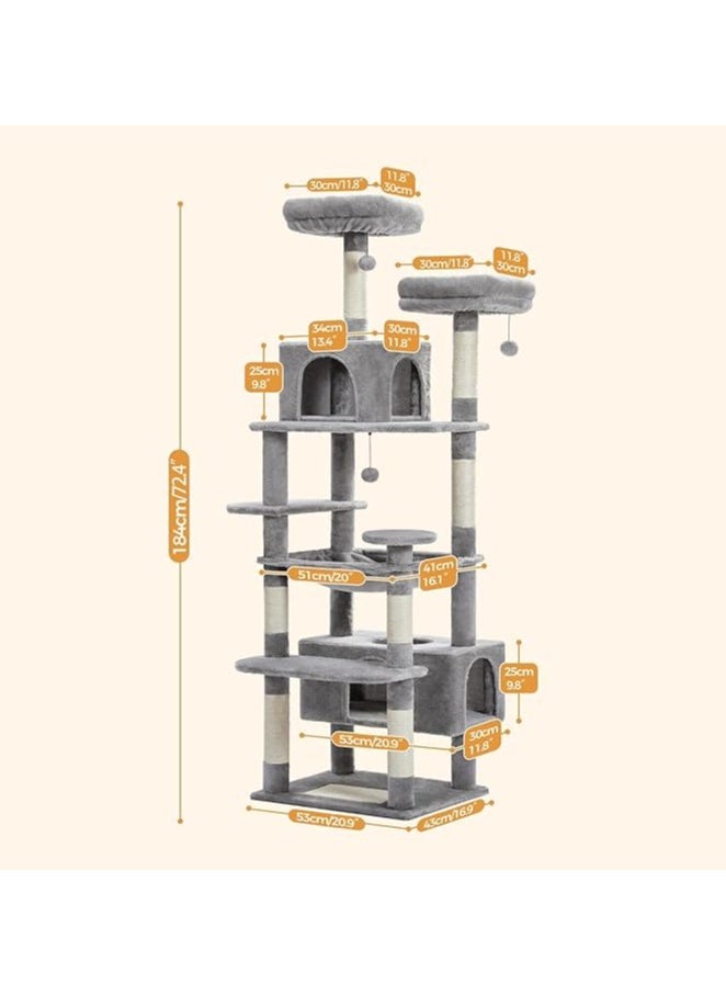 Large Cat Tree, Cat Tower for Large Cats, Cat Condo with Sisal-covered Scratching Posts and Pads, 2 Padded Perch, Dual Condo and Basket for Indoor Cats (Large 184 cm)