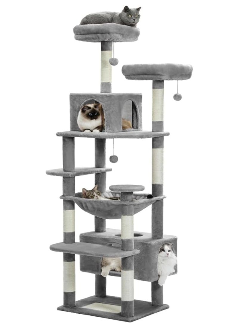 Large Cat Tree, Cat Tower for Large Cats, Cat Condo with Sisal-covered Scratching Posts and Pads, 2 Padded Perch, Dual Condo and Basket for Indoor Cats (Large 184 cm)