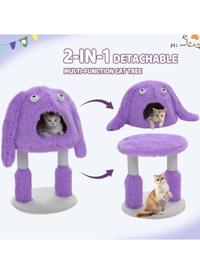 Monster-Themed Cat Tree, 2 in 1 Cat Scratching Post with Big Cozy Condo, Artistic Modeling Cat Tower with a Soft Removable Cat Bed for Indoor Cats (Purple, Medium)