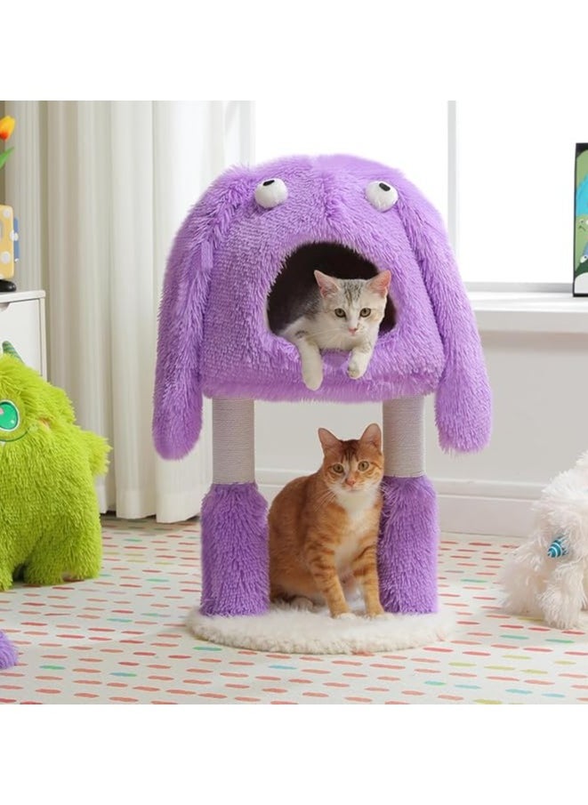 Monster-Themed Cat Tree, 2 in 1 Cat Scratching Post with Big Cozy Condo, Artistic Modeling Cat Tower with a Soft Removable Cat Bed for Indoor Cats (Purple, Medium)
