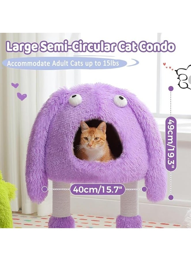Monster-Themed Cat Tree, 2 in 1 Cat Scratching Post with Big Cozy Condo, Artistic Modeling Cat Tower with a Soft Removable Cat Bed for Indoor Cats (Purple, Medium)