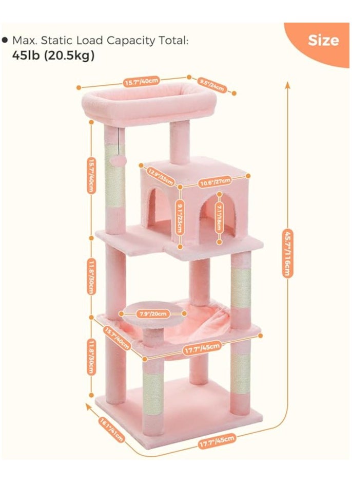 116 cm Tall Cat Tree for Indoor Cats, Multi-Level Cat Tower with Super Large Hammock, Sisal Covered Scratching Posts, Cozy Condo and Top Perch (Medium)
