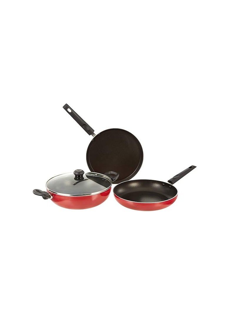 Butterfly Rapid Non Stick 3 Pcs Set | Kadai with Glass Lid | Dosa/Roti Tawa | Fry Pan | Induction Base | PFOA Free | Scratch Resistant | for Cooking Curry, Dal, Rice/Biryani | Red