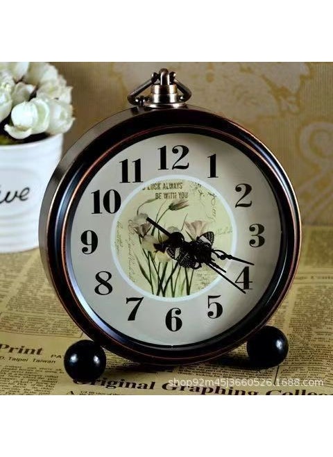 Alarm Clock Retro Clock Metal 5-inch Desktop Mute Bedside Fashion Clock Living Room Bedroom European-style Simple Desk Clock3306 Black 4/metal/5 inch/Butterfly flower 3306 Black 4/metal/5 inch/Butterfly flower