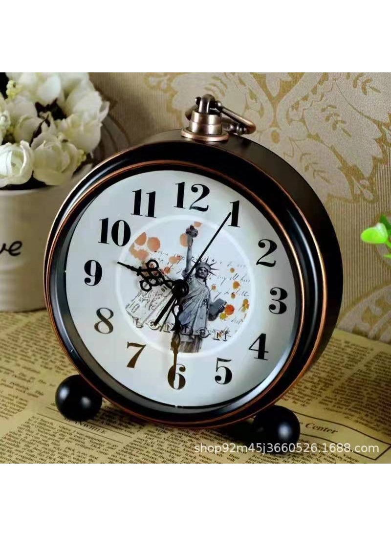 Alarm Clock Retro Clock Metal 5-inch Desktop Mute Bedside Fashion Clock Living Room Bedroom European-style Simple Desk Clock3306 black 3/metal/5 inch/Statue of Liberty 3306 black 3/metal/5 inch/Statue of Liberty