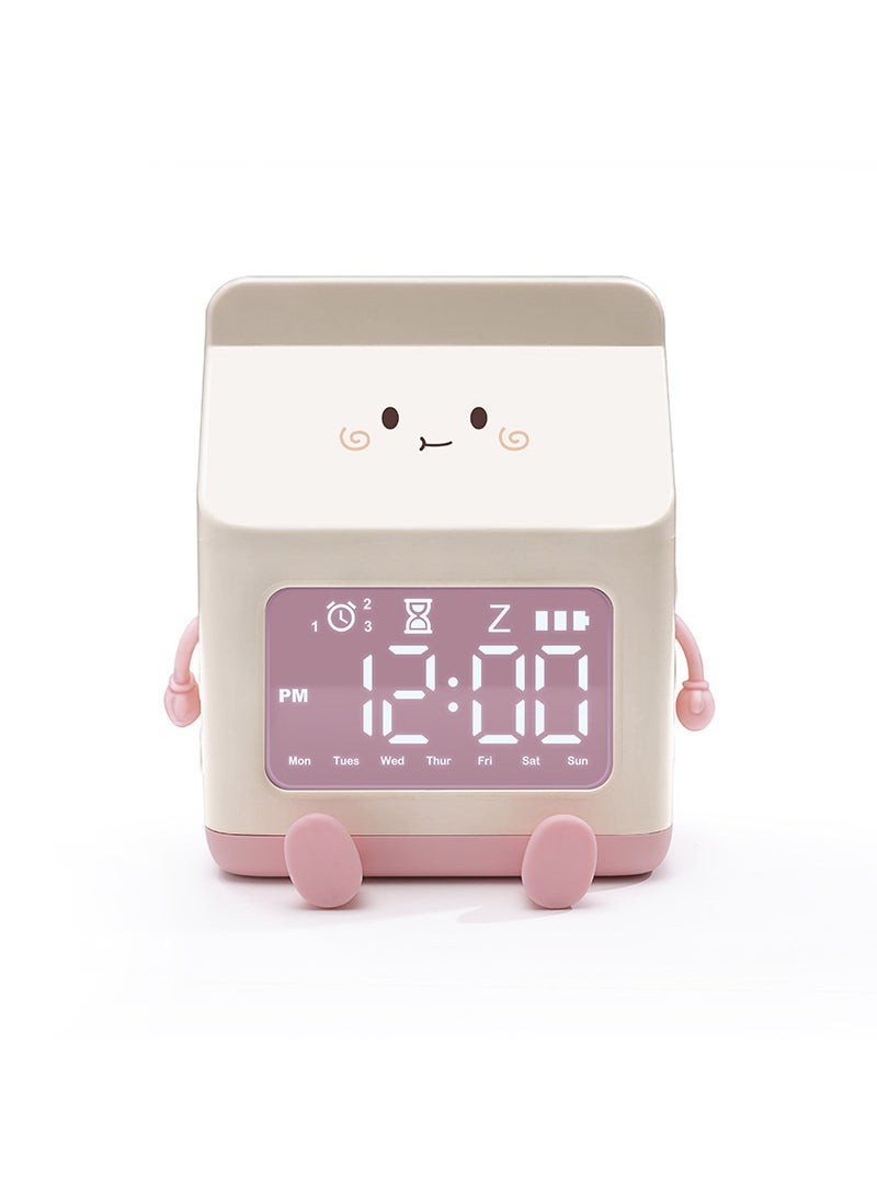 Creative Milk Box Alarm Clock Cartoon Electronic Clock Gift for Kids Pink