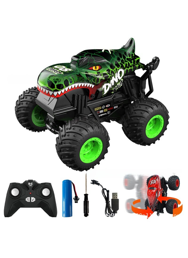 Cross-border 360-degree rotating Big Foot car Childrens light music remote control stunt car dinosaur head shark head toy car T200 Green