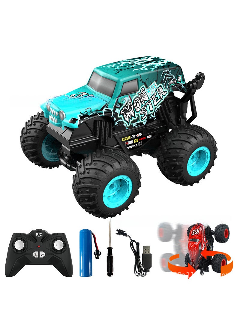 Cross-border 360-degree rotating Big Foot car Childrens light music remote control stunt car dinosaur head shark head toy car T200 cyan