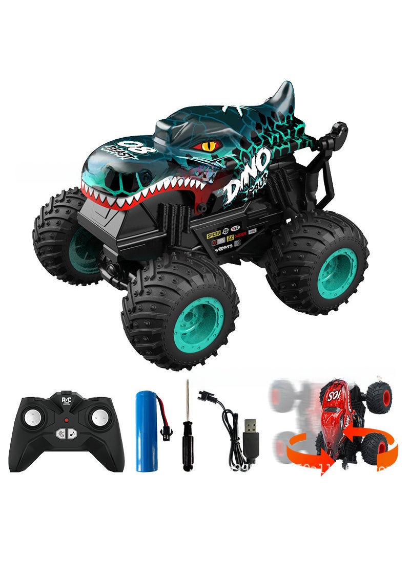 Cross-border 360-degree rotating Big Foot car Childrens light music remote control stunt car dinosaur head shark head toy car T201 Cyan