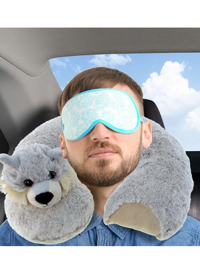 DolliBu Wolf Plush Neck Pillow - Soft Travel Neck Pillow Animal for Neck & Head Support, Cute Wild Life Stuffed Pillow Accessory for Naps, Novelty Stuffed Animal Headrest for Kids & Adults