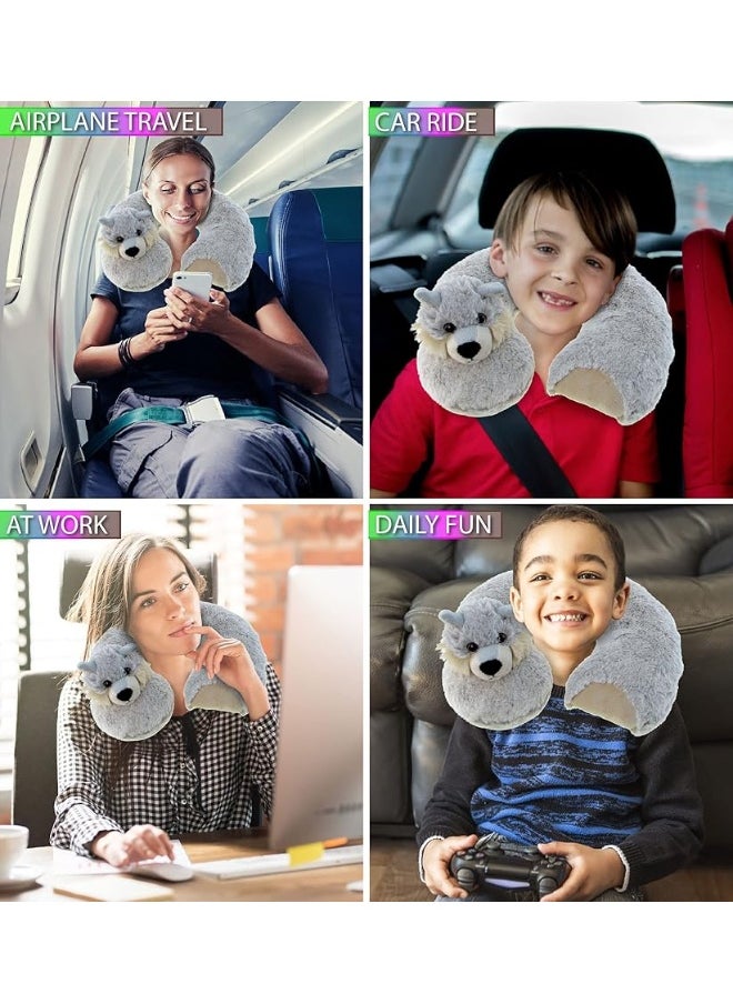 DolliBu Wolf Plush Neck Pillow - Soft Travel Neck Pillow Animal for Neck & Head Support, Cute Wild Life Stuffed Pillow Accessory for Naps, Novelty Stuffed Animal Headrest for Kids & Adults