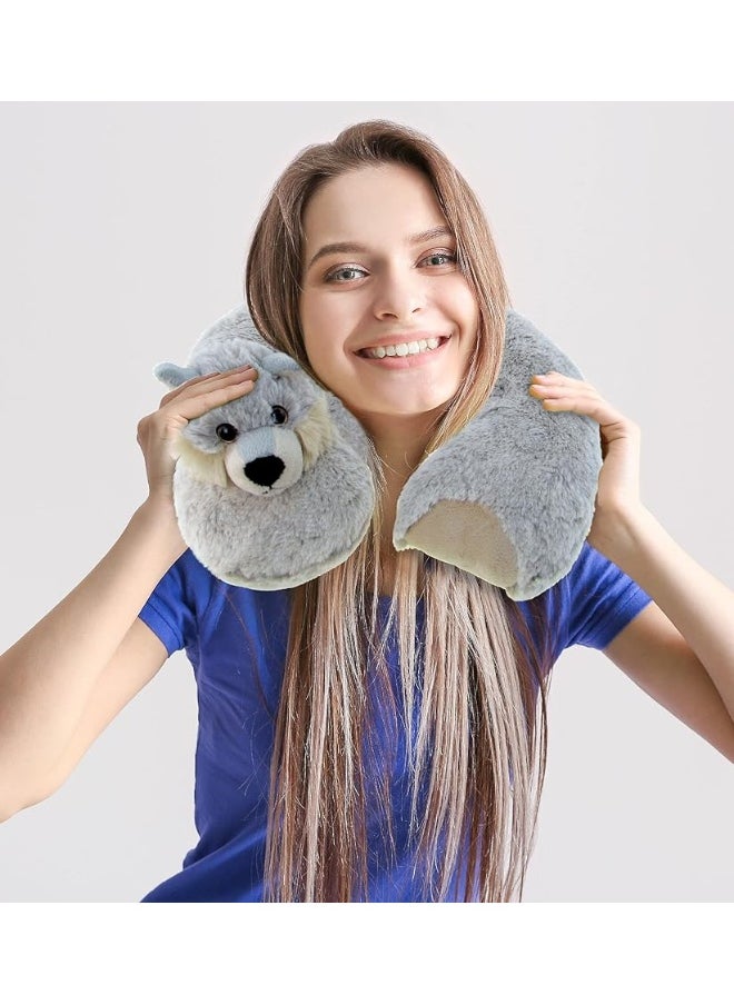 DolliBu Wolf Plush Neck Pillow - Soft Travel Neck Pillow Animal for Neck & Head Support, Cute Wild Life Stuffed Pillow Accessory for Naps, Novelty Stuffed Animal Headrest for Kids & Adults