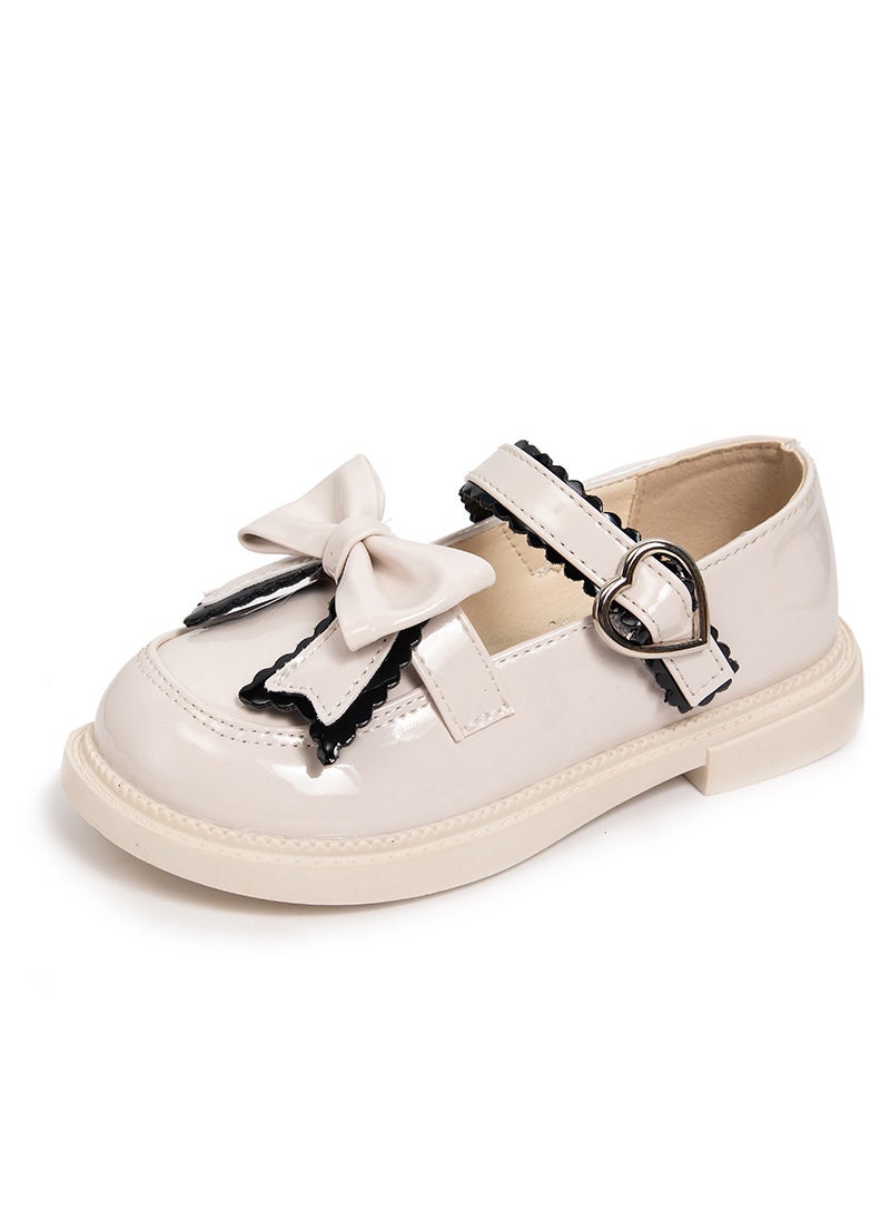 Girls Single-layer Shoes Large Bow Non-slip Soft Bottom Dancing Shoes Womens Baoyang-like Small Leather Shoes Gright-faced Velcro Childrens Shoes for SummerBeige White Beige White