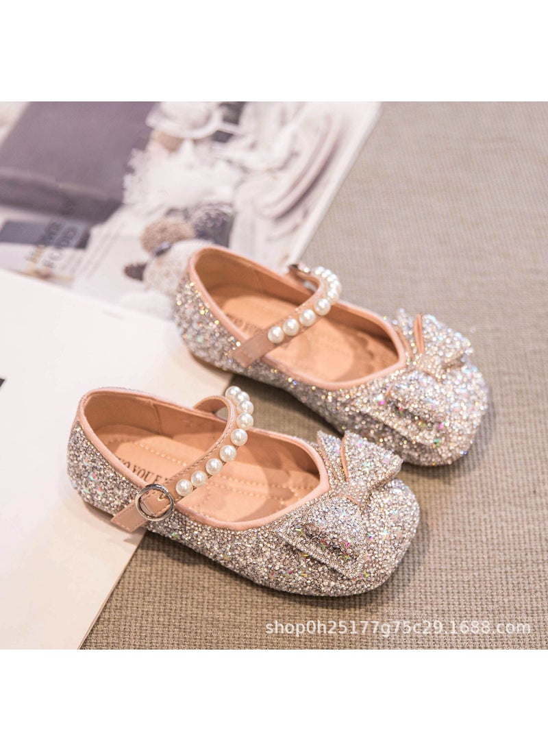 Girls Princess Shoes 2024 Spring and Autumn New Childrens Baby Shoes Soft Bottom Rhinestone Princess Leather Shoes Girls Performance ShoesPink Pink