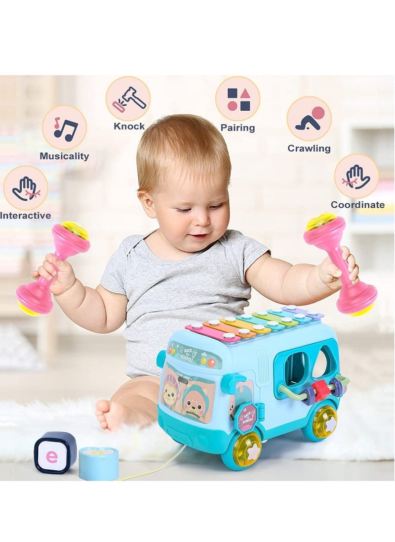 Baby Toys 12 18 Months Baby Musical Toys Toy Bus Includes Xylophone, Shape Sorter, Pull Along Toys for 1 Year Old Boys Early Educational Baby Toys 18 Months Best Gift for Boys Girls