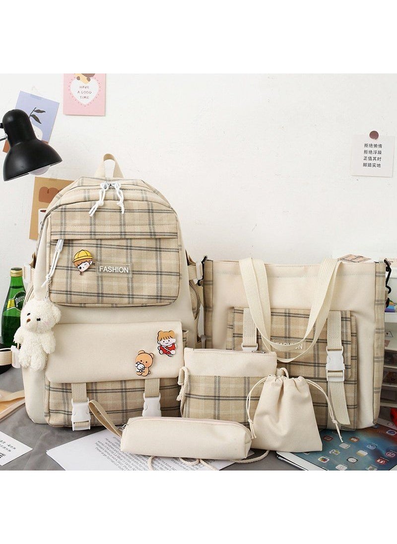 Cute Plaid Elementary School Backpack 5-Piece Set Khaki