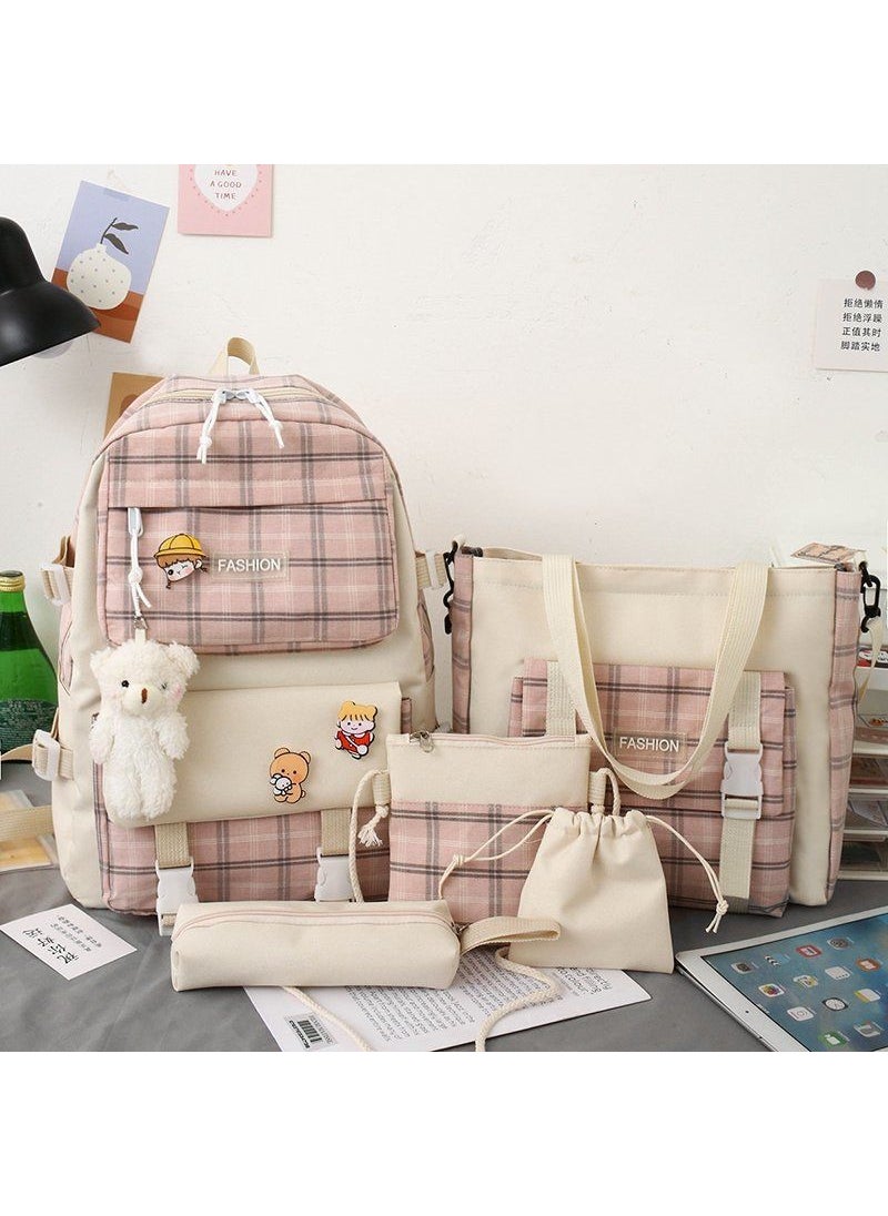 Cute Plaid Elementary School Backpack 5-Piece Set Pink