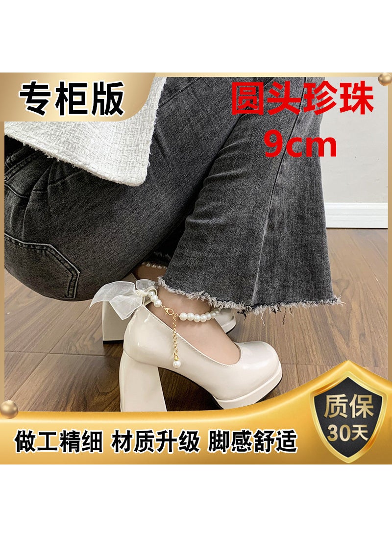 Retro Chunky Heel White Mary Jane Pumps Spring 2024 Beige white round head Pearl 
