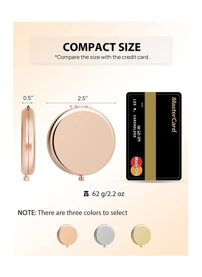 2 PCS Compact Mirror for Purse, Double Sided 1X2X Magnifying Metal Pocket Makeup MirrorsRound, Rose Gold