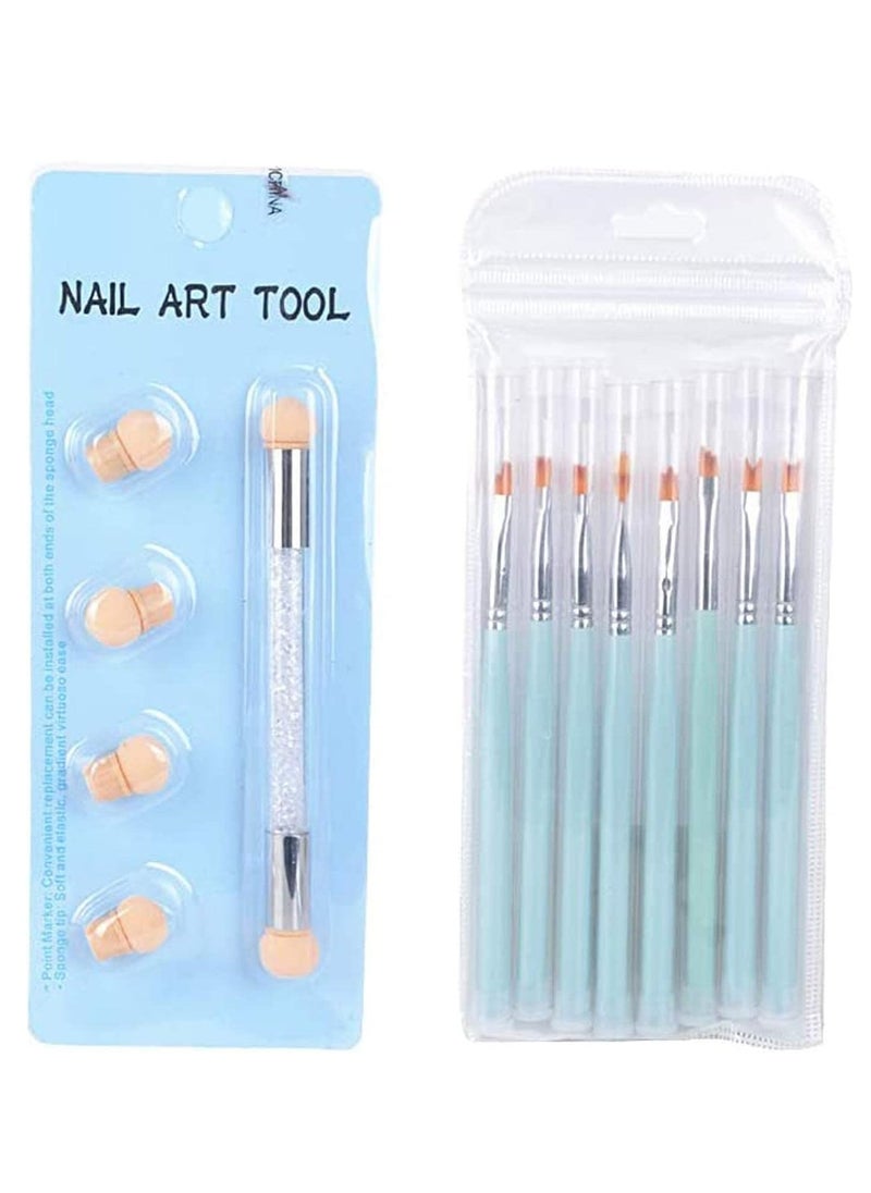 8 Pcs Nail Art Brush Set, Nail Art Brushes with Dual Tipped Sponge Nail Pen, DIY Nail Art Tools Set, Premium Nail Brush Pen with Wood Handle