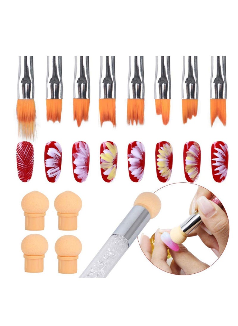 8 Pcs Nail Art Brush Set, Nail Art Brushes with Dual Tipped Sponge Nail Pen, DIY Nail Art Tools Set, Premium Nail Brush Pen with Wood Handle